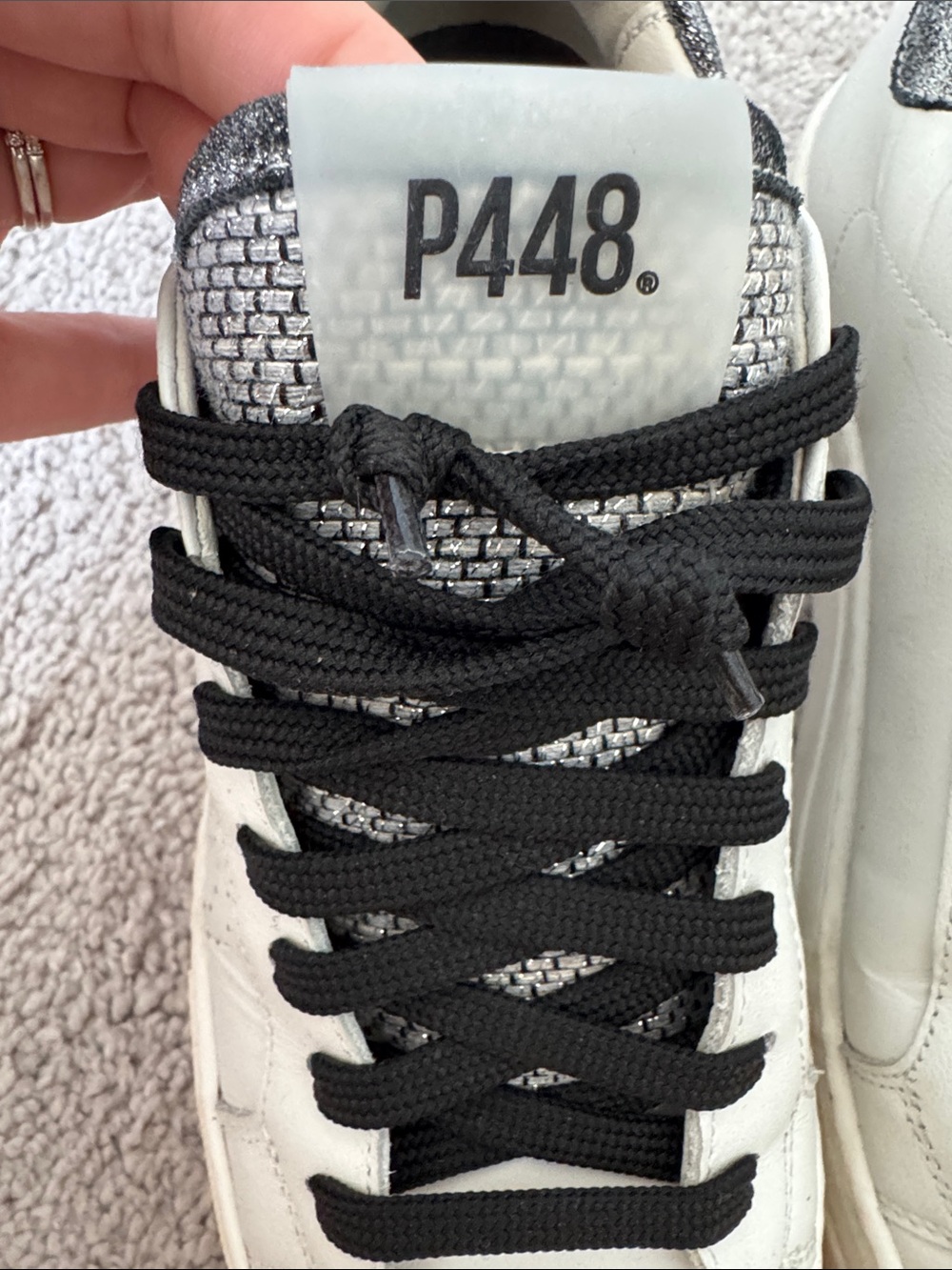 P448 White Leather Sneakers with Black Laces and Snake-Print Heel - Size 39 - Picture 4 of 10